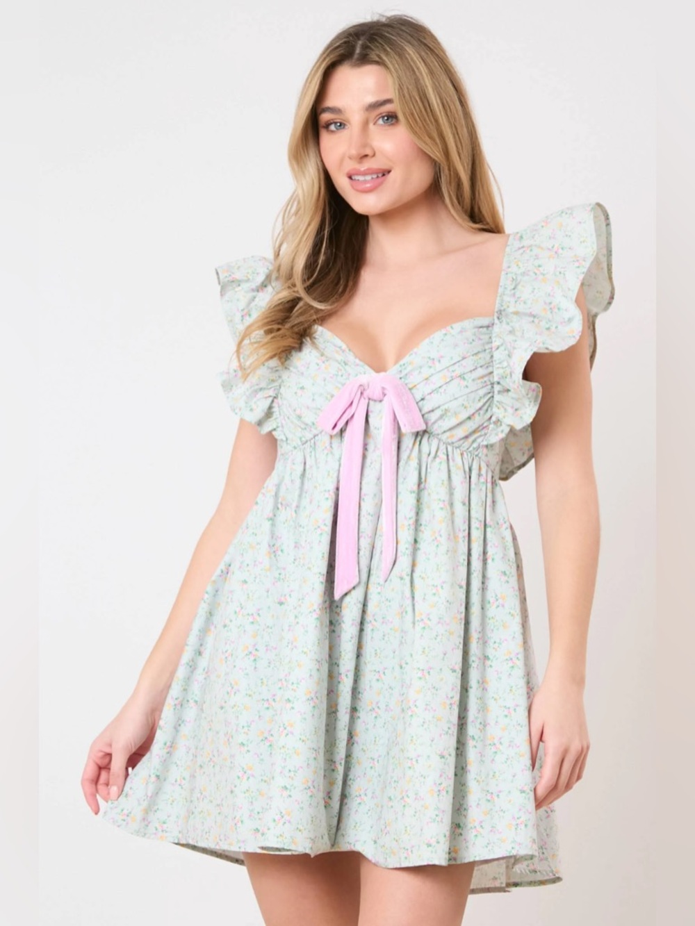 Peach Love California Floral Babydoll Mini Dress Pink Bow Ruffle Sleeve Medium